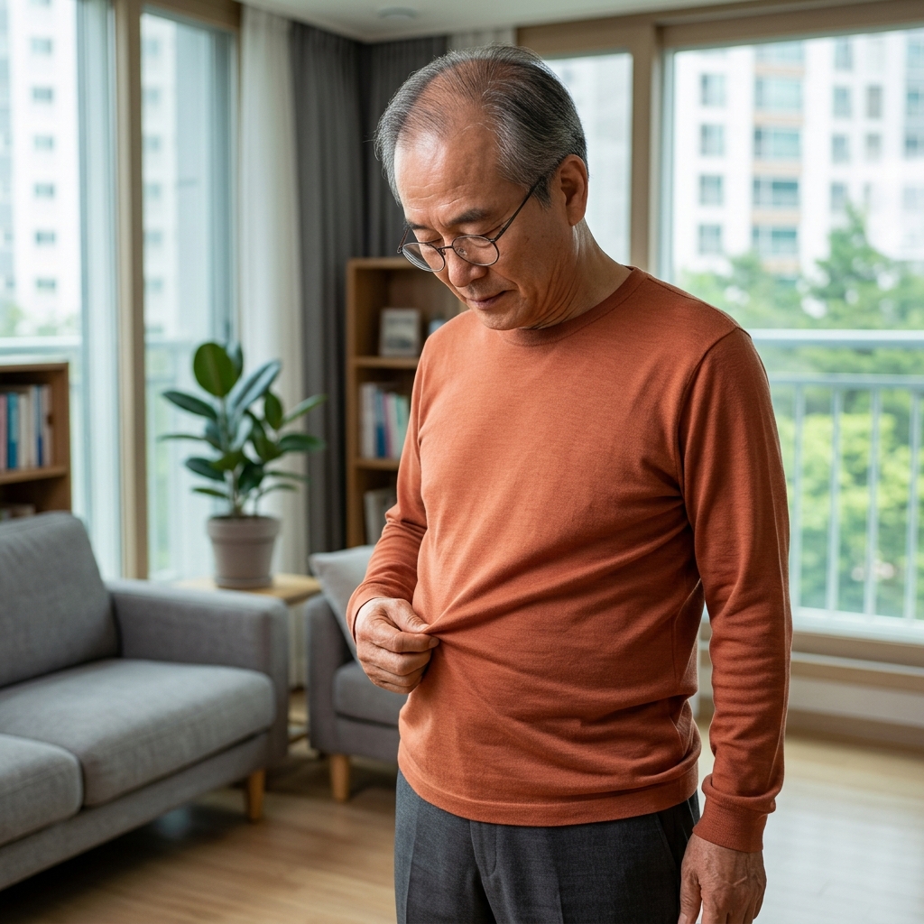70대 남성이 거실에서 서 있는 자세로 배를 만져보며 불룩한 부분을 확인하는 모습, 긴소매 셔츠, 실내 자연광