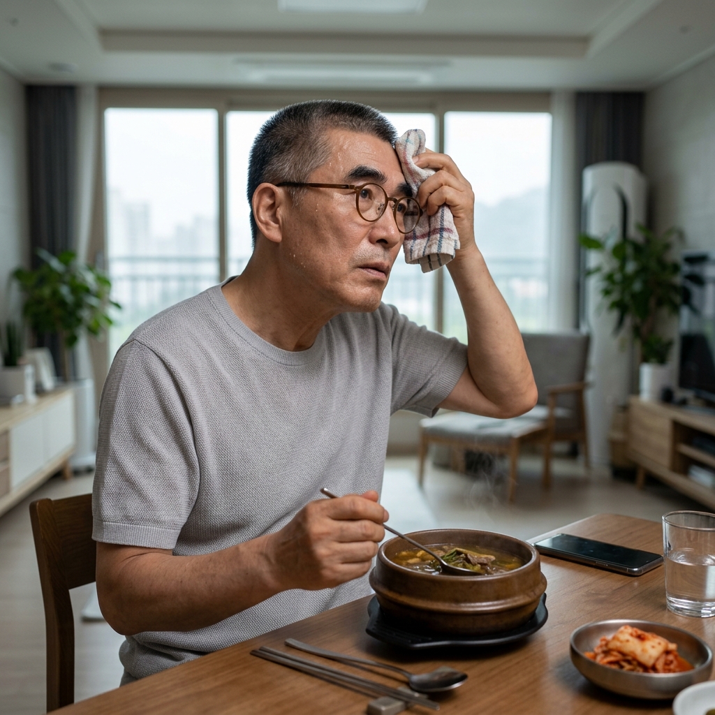 60대 후반 남성이 실내 식탁에서 국물 요리를 먹으며 이마에 맺힌 땀을 손수건으로 닦고 있는 장면, 창밖은 흐린 날씨로 계절감이 뚜렷하지 않음