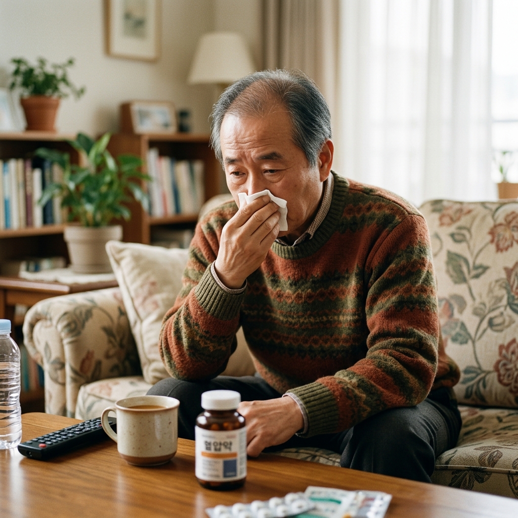 70대 남성이 거실 소파에 앉아 휴지로 코를 누르고 있고, 옆 테이블 위에 혈압약 통이 놓여 있는 장면