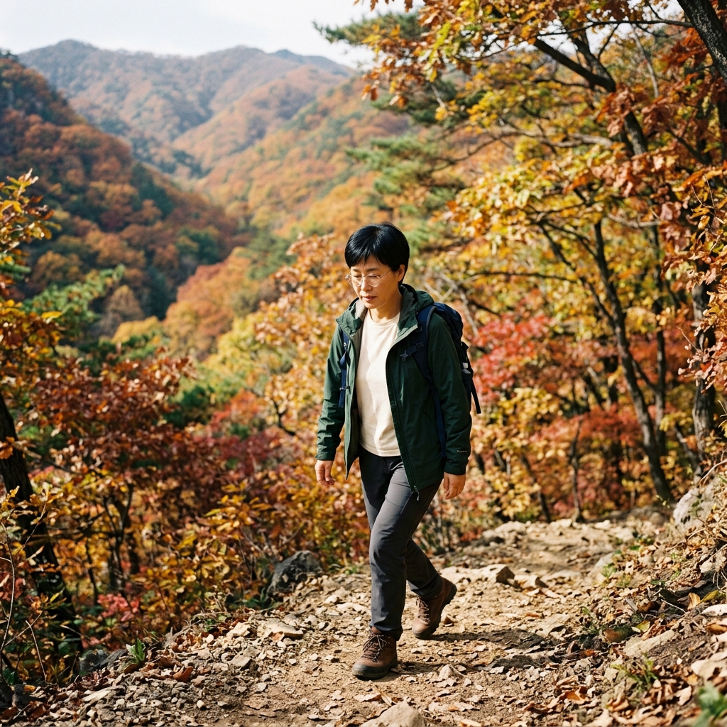 50대 중년 남성이 등산복을 입고 산길을 오르는 모습, 배경에는 가을 단풍이 물든 산
