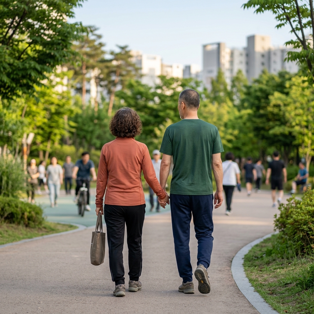 평일 저녁 집 근처 공원을 걷는 50대 부부의 뒷모습, 편안한 운동복 차림