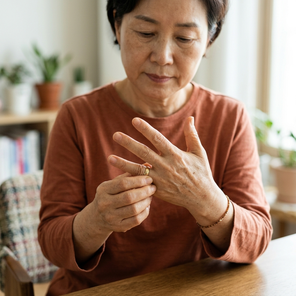 70대 여성이 손가락 마디를 살피며 반지를 빼고 있는 모습, 실내 자연광, 손등에 주름과 마디 굵어짐이 보이는 클로즈업