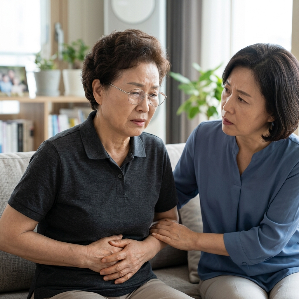 70대 노인이 거실 소파에 앉아 복부 전체를 손으로 감싸 쥐고 불편한 표정을 짓고 있으며, 옆에 앉은 50대 보호자가 걱정스러운 얼굴로 노인의 얼굴을 살피고 있는 장면