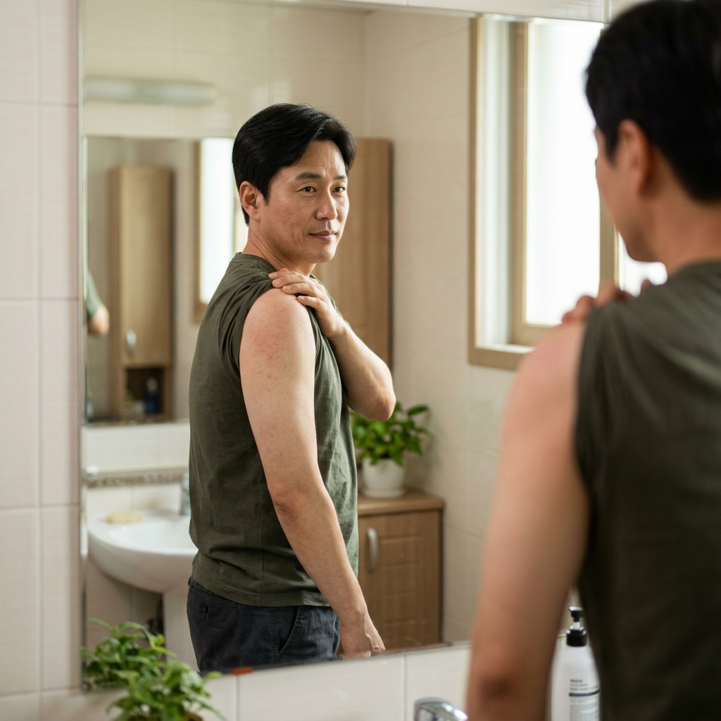 40대 중년 남성이 거울 앞에서 옆모습을 보며 어깨 위치를 확인하는 모습, 실내 조명 아래 자연스러운 일상 장면