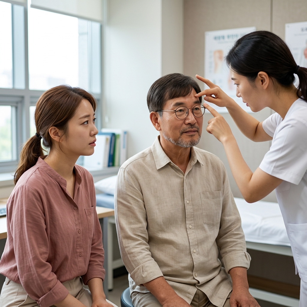 신경과 진료실에서 의사가 앉아 있는 70대 환자의 얼굴 표정을 관찰하며 이마와 입 주변을 손가락으로 가리키고 있는 모습, 환자 옆에 가족이 서 있음