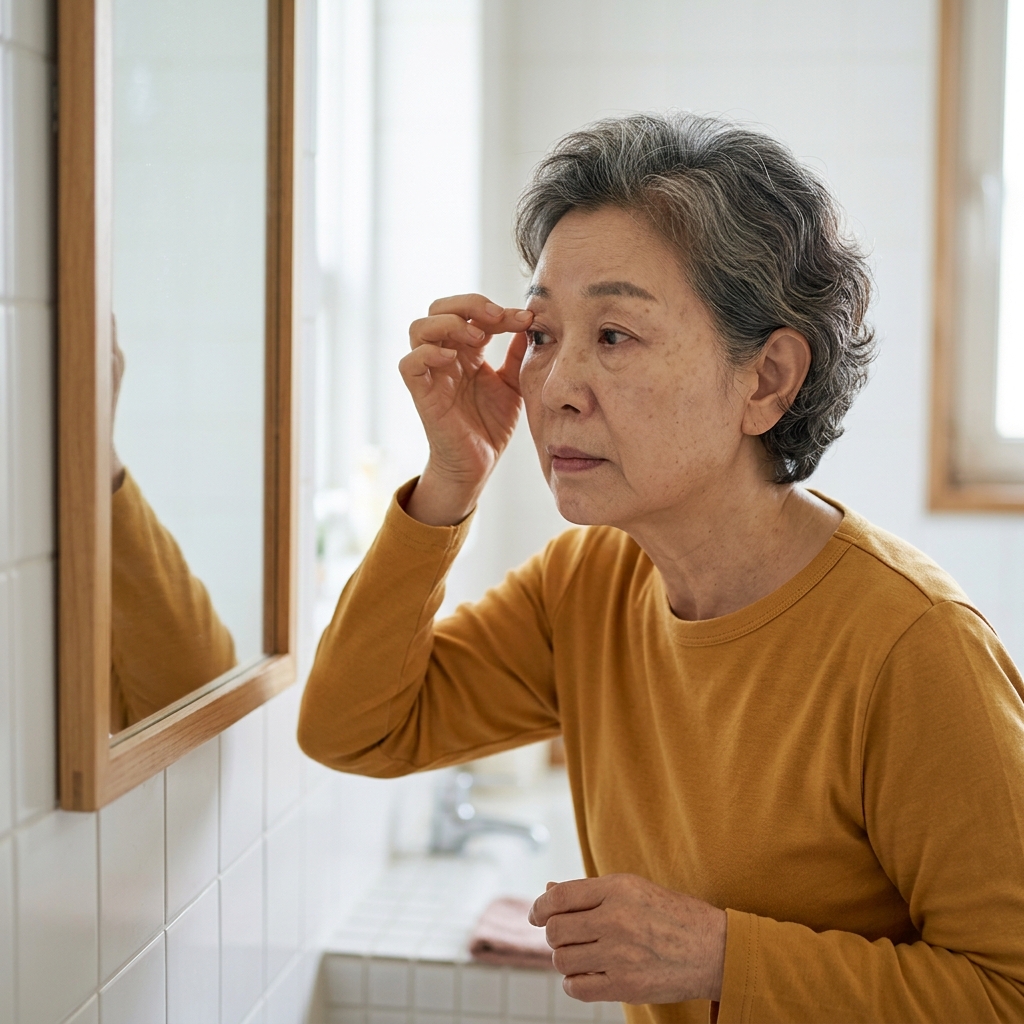 거울을 보며 눈꺼풀 상태를 확인하는 70대 성인의 얼굴 클로즈업, 실내 자연광, 긴팔 셔츠