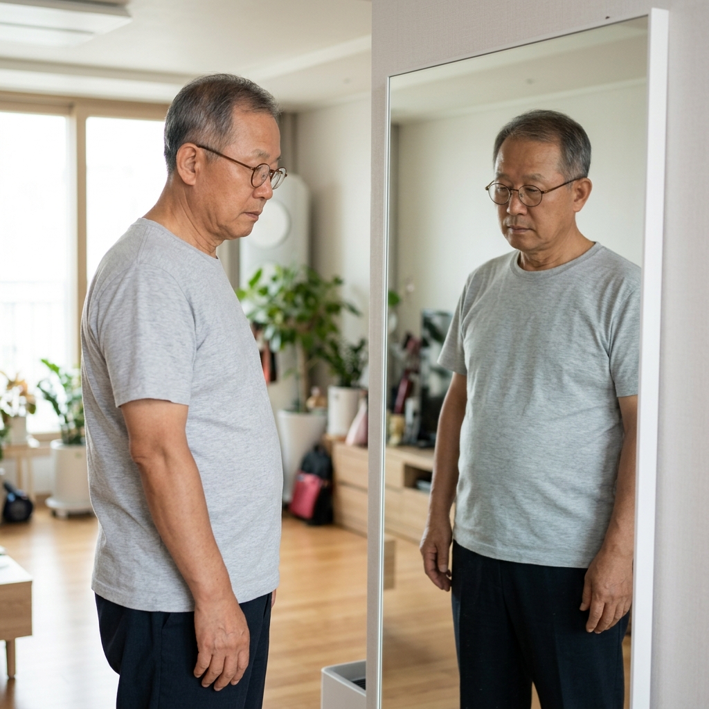 거울 앞에서 자신의 배 모양을 살펴보는 60대 중반 남성, 옅은 회색 반소매 셔츠 차림, 자연광이 들어오는 실내 배경