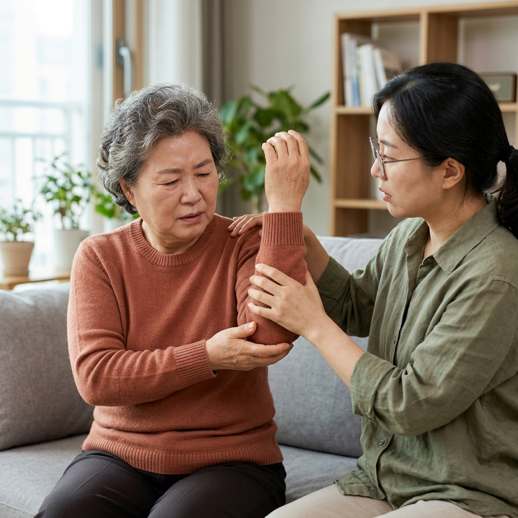 60대 후반 여성이 거실 소파에 앉아 한쪽 어깨를 감싸고 있고, 옆에 앉은 딸이 부모의 팔을 천천히 들어 올려보며 움직임 범위를 확인하는 장면