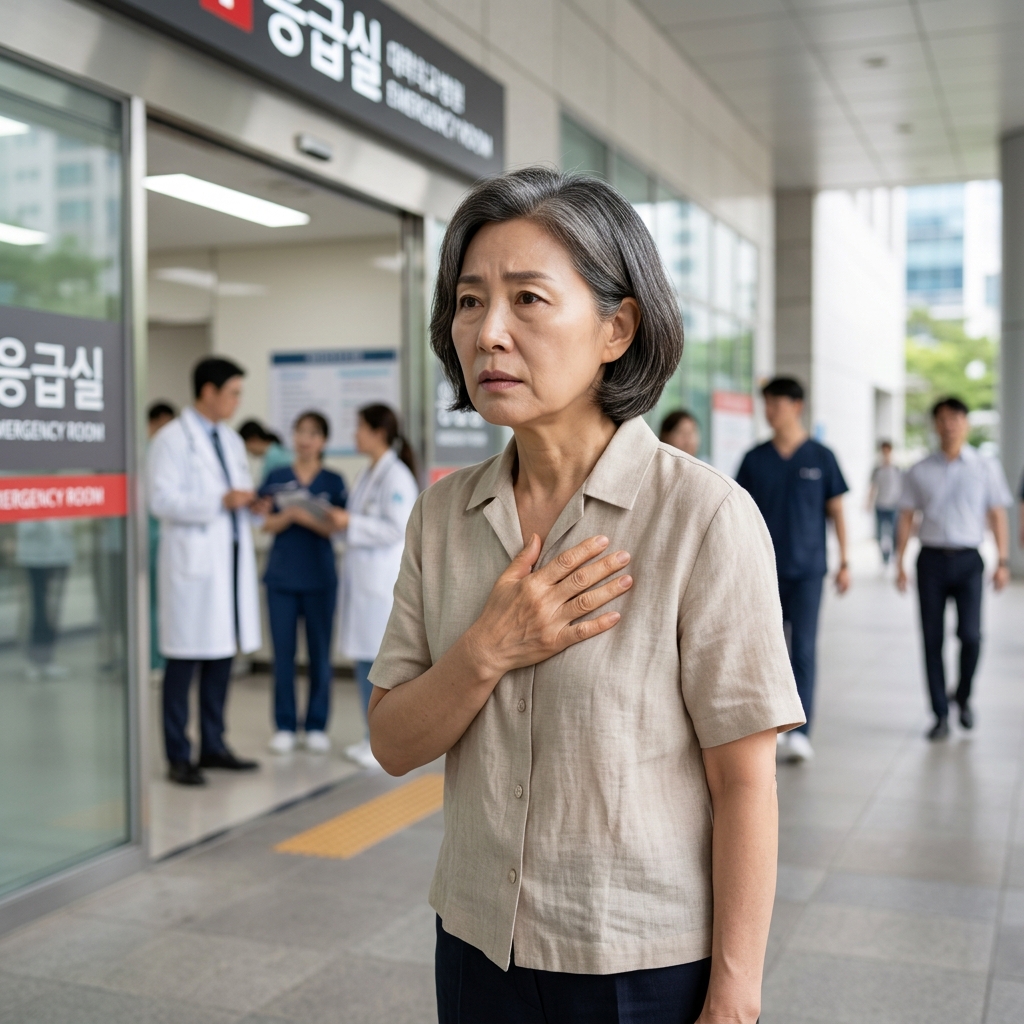 50대 중년 남성이 가슴을 움켜쥔 채 응급실 입구 앞에 홀로 서 있는 모습, 얇은 셔츠 차림, 실내 조명