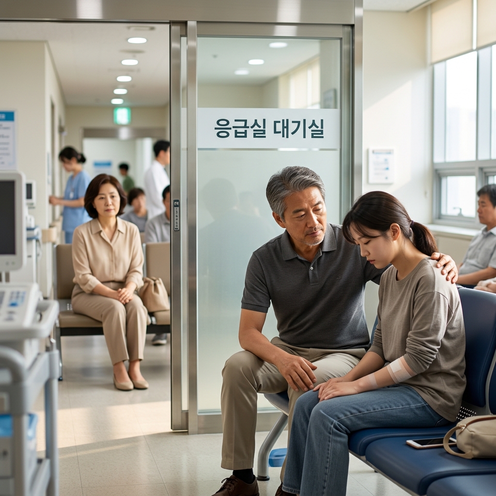 응급실 대기실에서 한 명의 보호자가 환자 옆에 앉아 있고, 다른 가족은 대기실 밖에서 기다리는 모습, 실내 조명