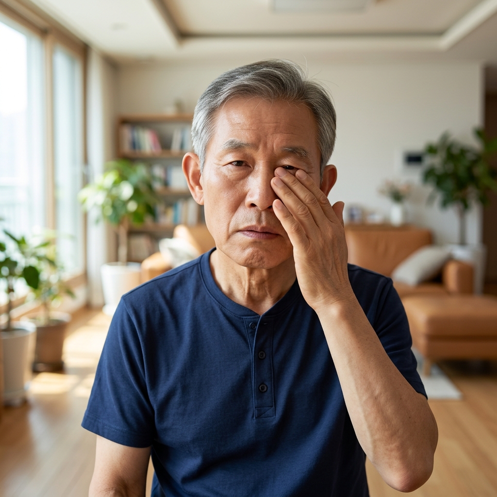 밝은 실내에서 70대 어르신이 눈가를 손으로 만지며 불편한 표정을 짓고 있는 모습, 얇은 반팔 셔츠 착용