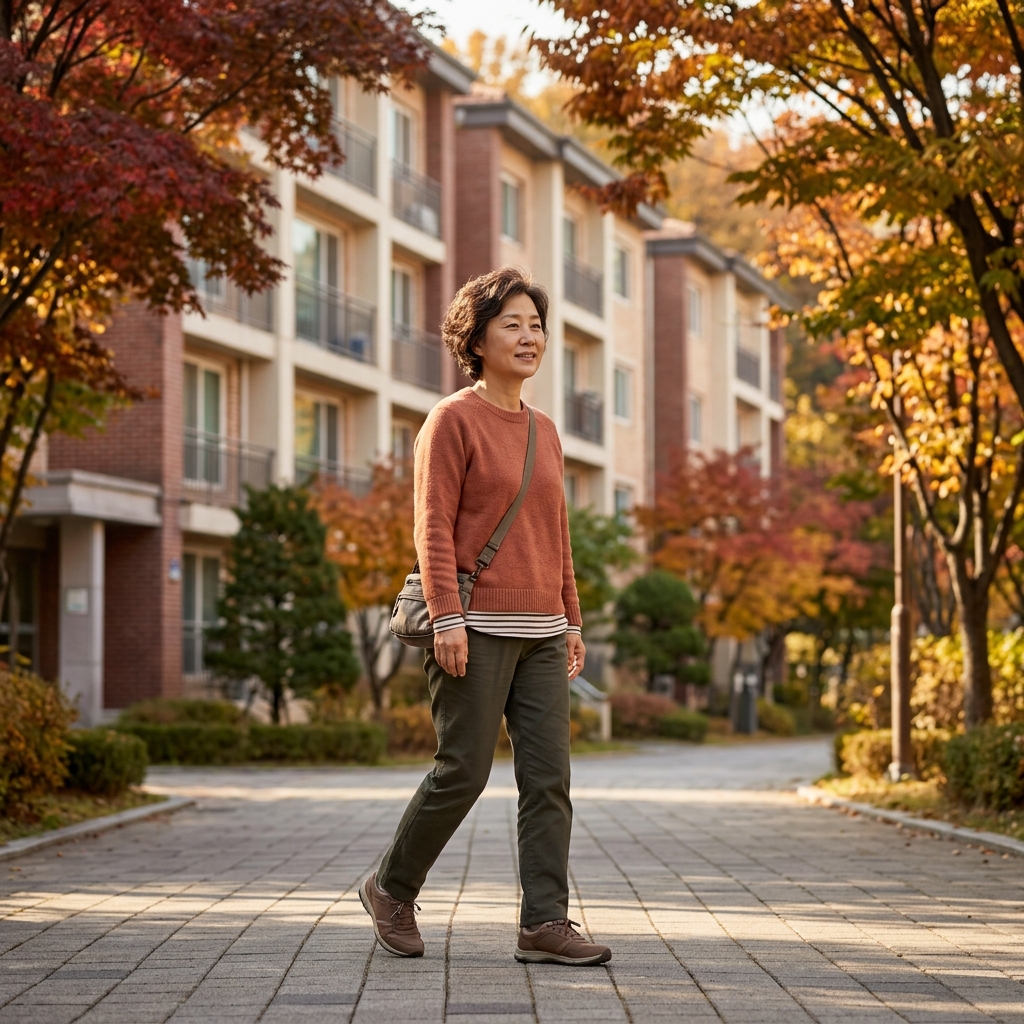 50대 중반 여성이 아파트 단지 내 산책로를 따라 걷고 있으며, 배경에 저층 아파트와 가을 단풍이 보이는 장면