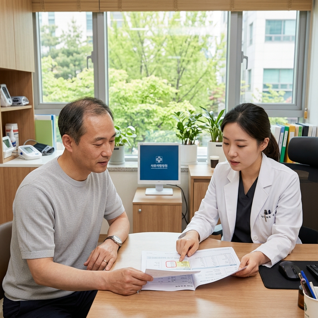 40대 중년이 병원 진료실에서 의료진과 함께 검진 결과표를 펼쳐 보며 혈압&middot;혈당 수치를 확인하는 장면, 창밖으로 봄 신록이 보이는 실내