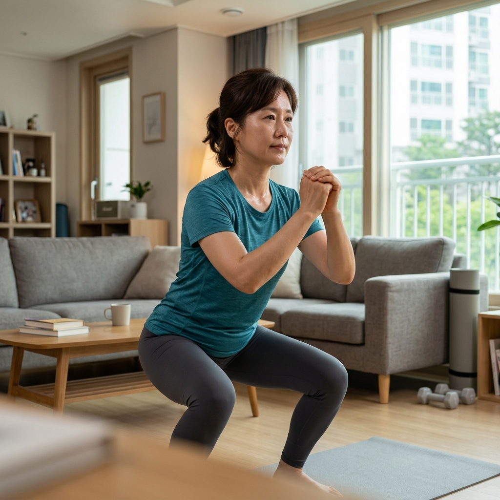 40대 중반 여성이 거실에서 스쿼트 자세를 취하며 가벼운 근력운동을 하고 있는 장면
