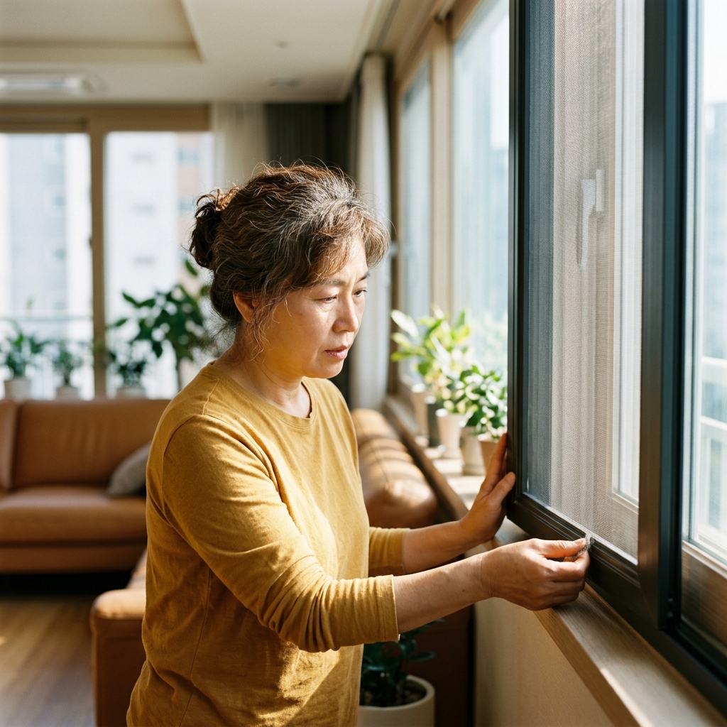 가을 햇살 들어오는 거실 창문 앞, 방충망 모서리를 손으로 살피는 중년 여성의 모습