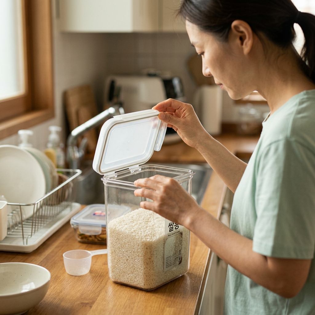 주방 쌀통 뚜껑을 열고 안쪽을 확인하는 중년 남성의 손과 투명 밀폐 용기