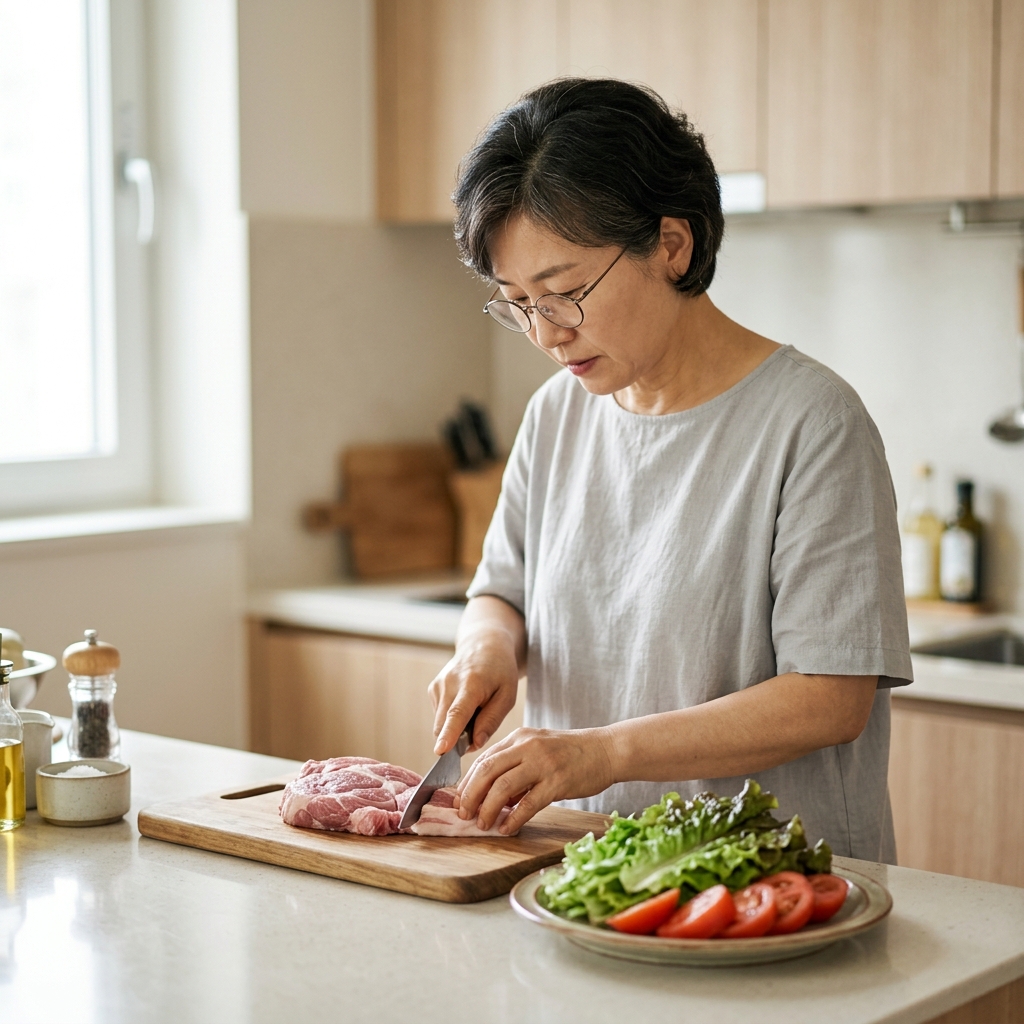 50대 중반 여성이 밝은 회색 반팔 블라우스를 입고 주방 조리대에서 도마 위 생고기를 손질하는 모습, 옆 접시에는 상추와 토마토가 담겨 있다