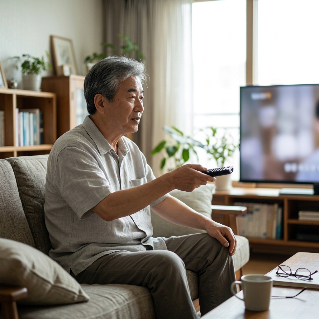거실 소파에 앉아 TV를 보며 리모컨의 볼륨 버튼을 누르는 70대 남성, 얇은 반팔 셔츠 차림, 창가로 들어오는 밝은 자연광