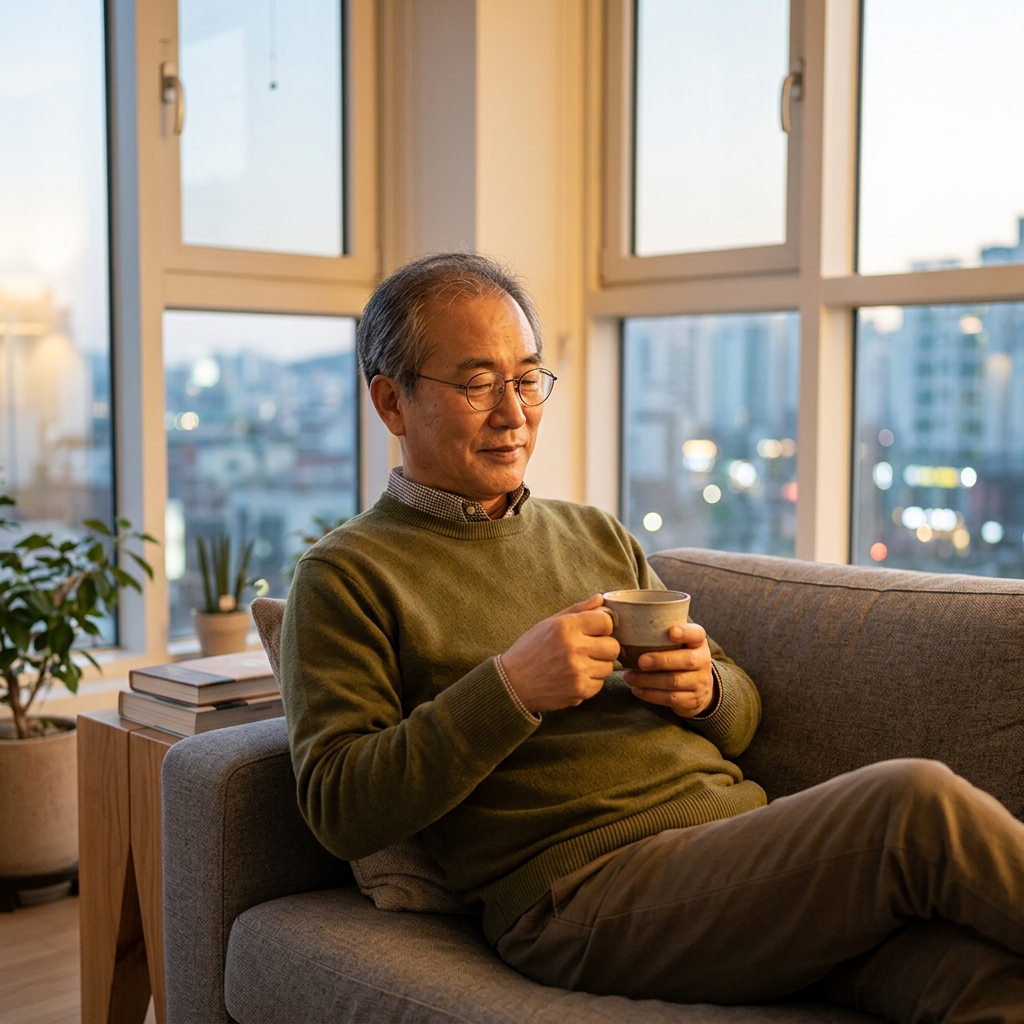 저녁 식탁에서 가벼운 식사를 마친 뒤 거실 소파에 앉아 차분히 쉬고 있는 60대 후반 남성의 모습, 창밖으로 어스름한 저녁 빛이 들어온다
