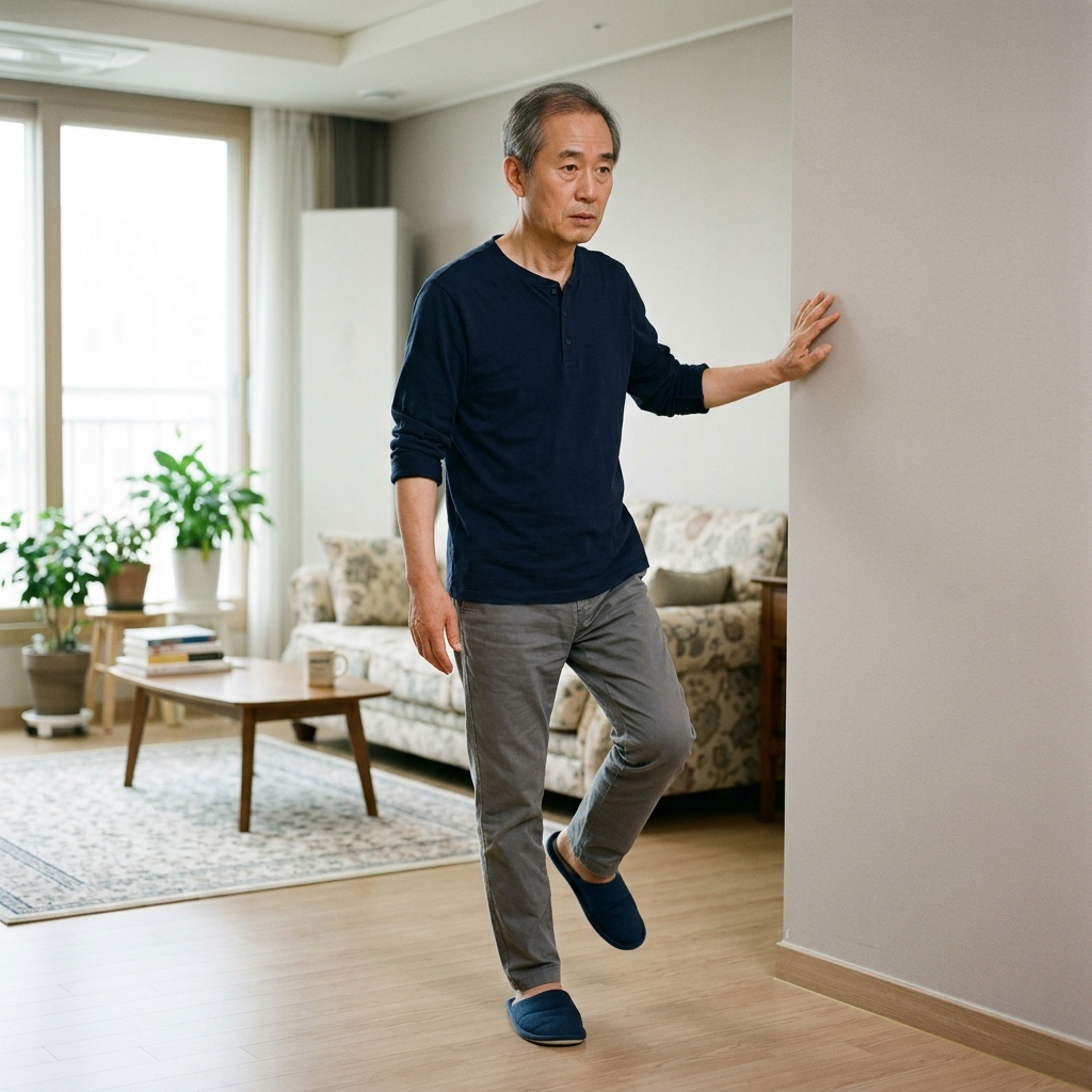 벽을 가볍게 짚고 한발로 서서 균형을 잡는 60대 남성