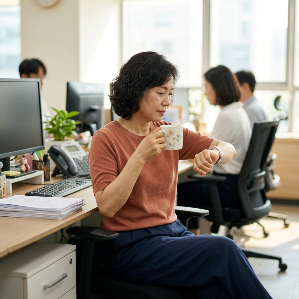 50대 여성이 오후 사무실 책상에서 컵을 들고 시계를 확인하는 모습