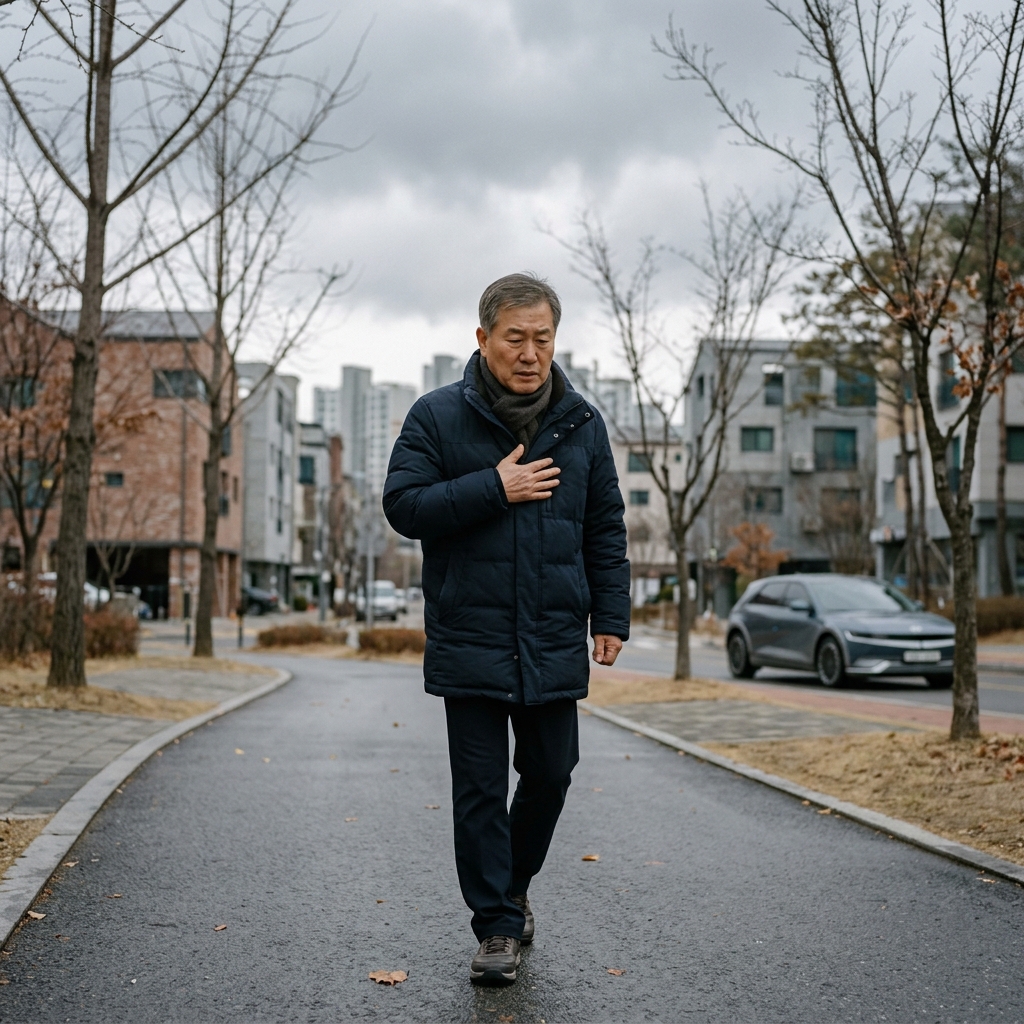 두꺼운 외투를 입고 실외를 걷는 70대 남성이 가슴 부위에 손을 얹고 있는 모습, 흐린 하늘과 마른 가로수가 보이는 쌀쌀한 날씨