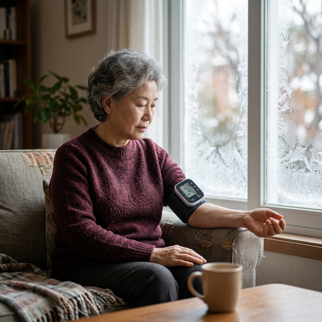 60대 여성이 실내 소파에 앉아 손목에서 혈압을 재고 있는 모습, 창밖으로 서리 낀 유리창이 보이는 겨울 아침