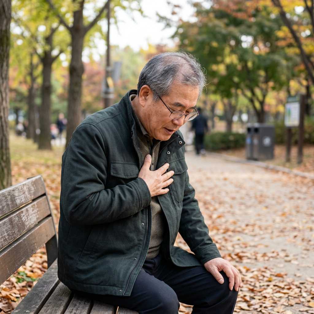 70대 남성이 가을 아침 공원 산책로에서 벤치에 앉아 가슴에 손을 얹고 숨을 고르는 모습, 짧은 외투를 입고 주변에 낙엽이 깔린 배경