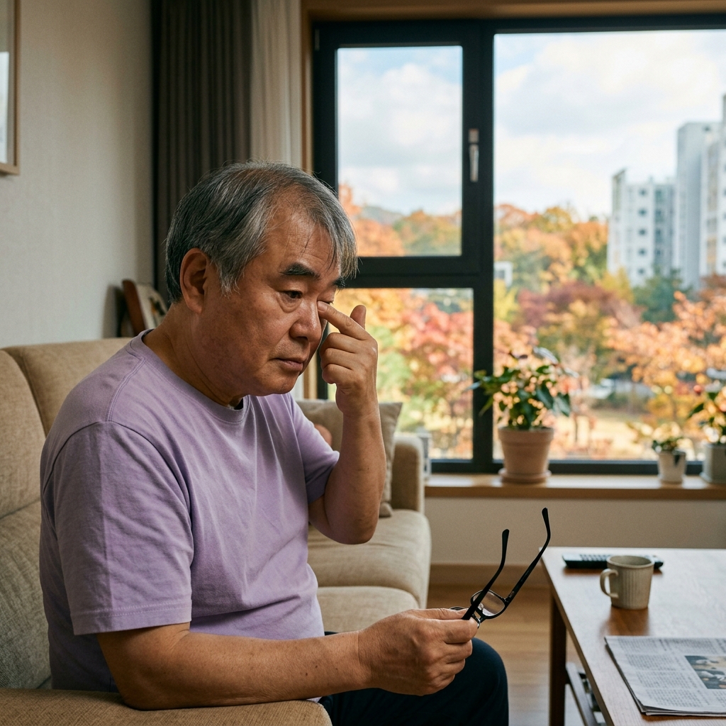 70대 남성이 실내에서 안경을 벗고 눈가를 가볍게 문지르는 장면, 창밖으로 가을 풍경이 보이는 거실