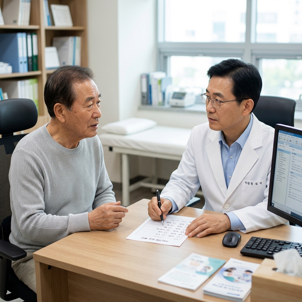 진료실 책상 위에 놓인 체크리스트와 펜, 의사가 환자의 가래 색깔과 양을 묻고 기록하는 장면