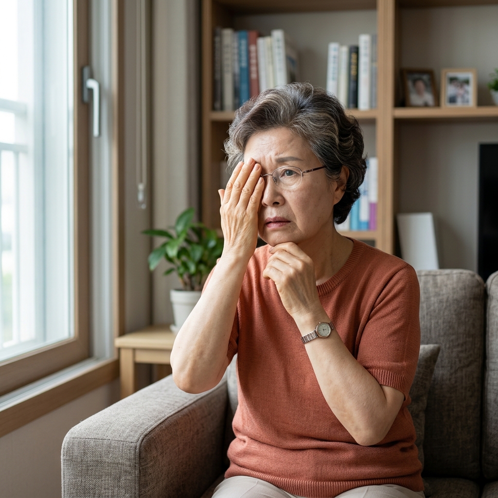70대 여성이 한쪽 눈을 손으로 가리고 시야 이상을 확인하는 모습, 실내 조명 아래 창문 옆 소파에 앉아 불안한 표정