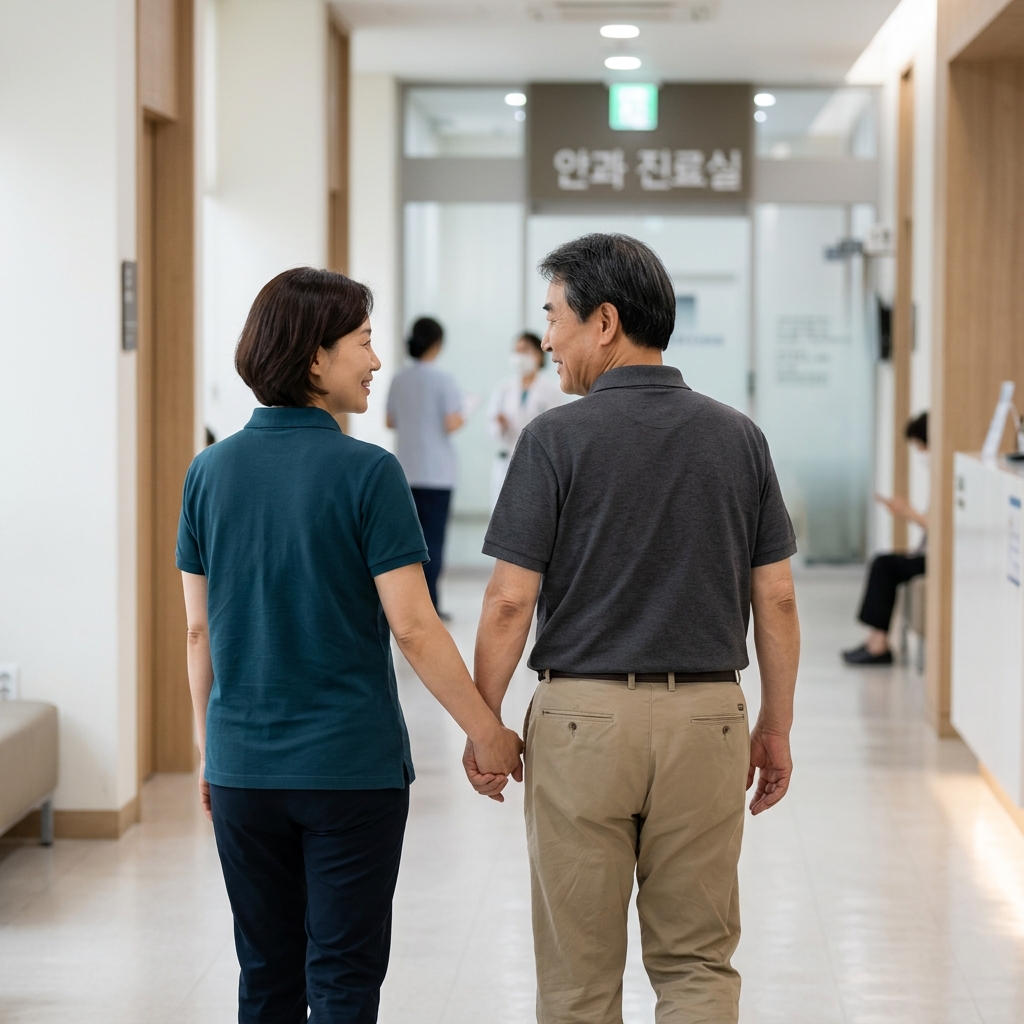 딸이 70대 어머니의 손을 잡고 안과 진료실 앞 복도를 함께 걷는 모습, 밝은 병원 실내 조명
