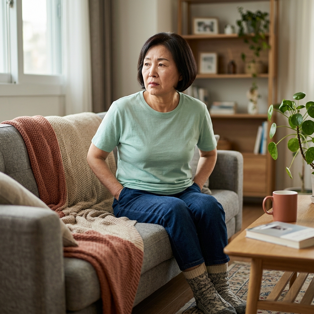 거실 소파에 앉아 두꺼운 양말을 신고도 손을 호주머니에 넣고 있는 70대 여성