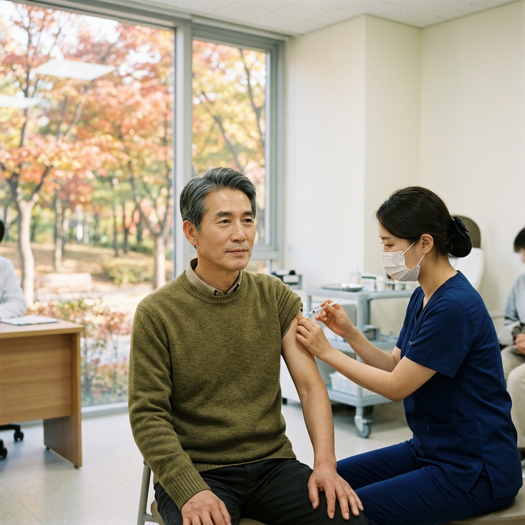 60대 남성이 의료기관에서 팔에 독감 예방접종을 받고 있는 장면, 의료진이 주사를 놓고 있고 창밖으로 가을 단풍이 보임