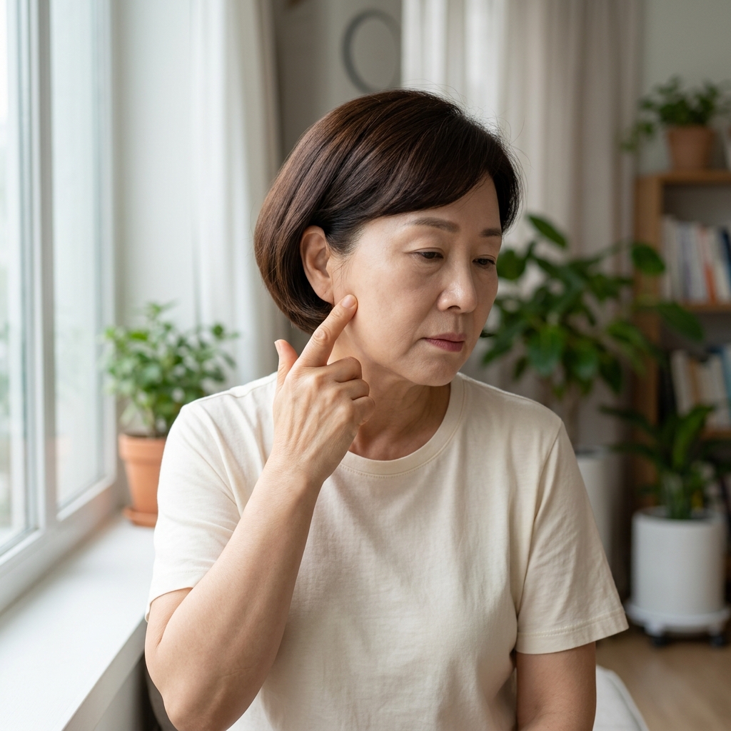 70대 노인이 귀 뒤쪽을 손가락으로 만지며 확인하는 모습, 실내 창가, 얇은 반팔 셔츠