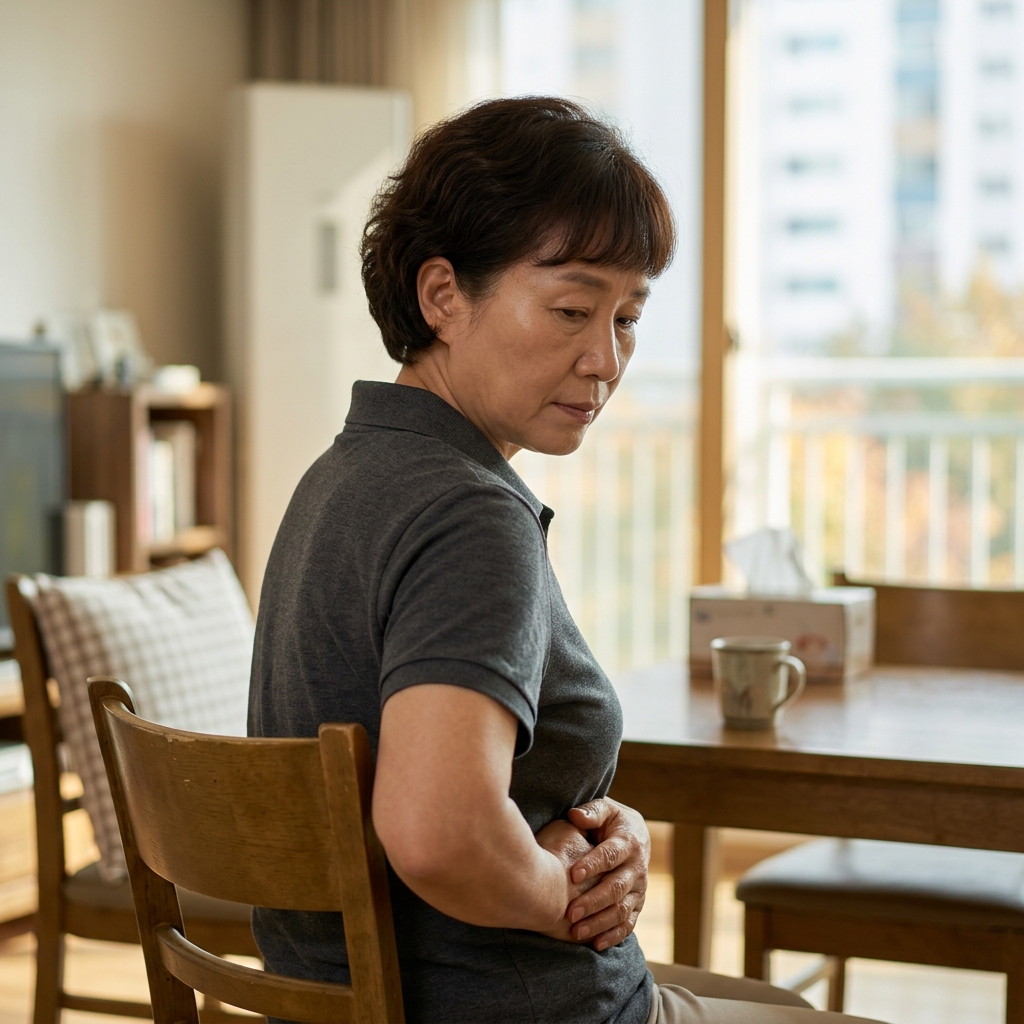 60대 후반 여성이 실내 의자에 앉아 손으로 배를 가볍게 감싸며 고민하는 표정, 창밖으로 들어오는 부드러운 자연광