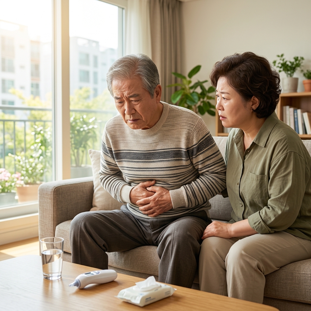 70대 남성이 거실 소파에 앉아 배 부분을 손으로 감싼 채 불편한 표情을 짓고 있고, 옆에 앉은 50대 딸이 걱정스러운 표정으로 아버지를 바라보는 장면, 창밖으로 봄 햇살이 들어오고 테이블 위에 물컵과 체온계가 놓여 있음