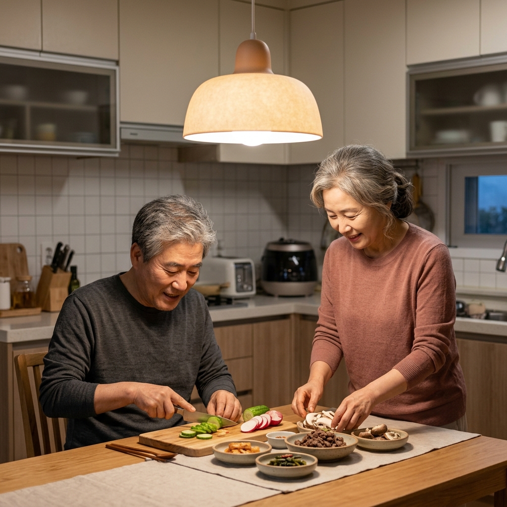 식탁 위 펜던트 조명 아래 저녁 식사 준비 중인 60대 부부, 긴팔 셔츠와 얇은 니트 착용
