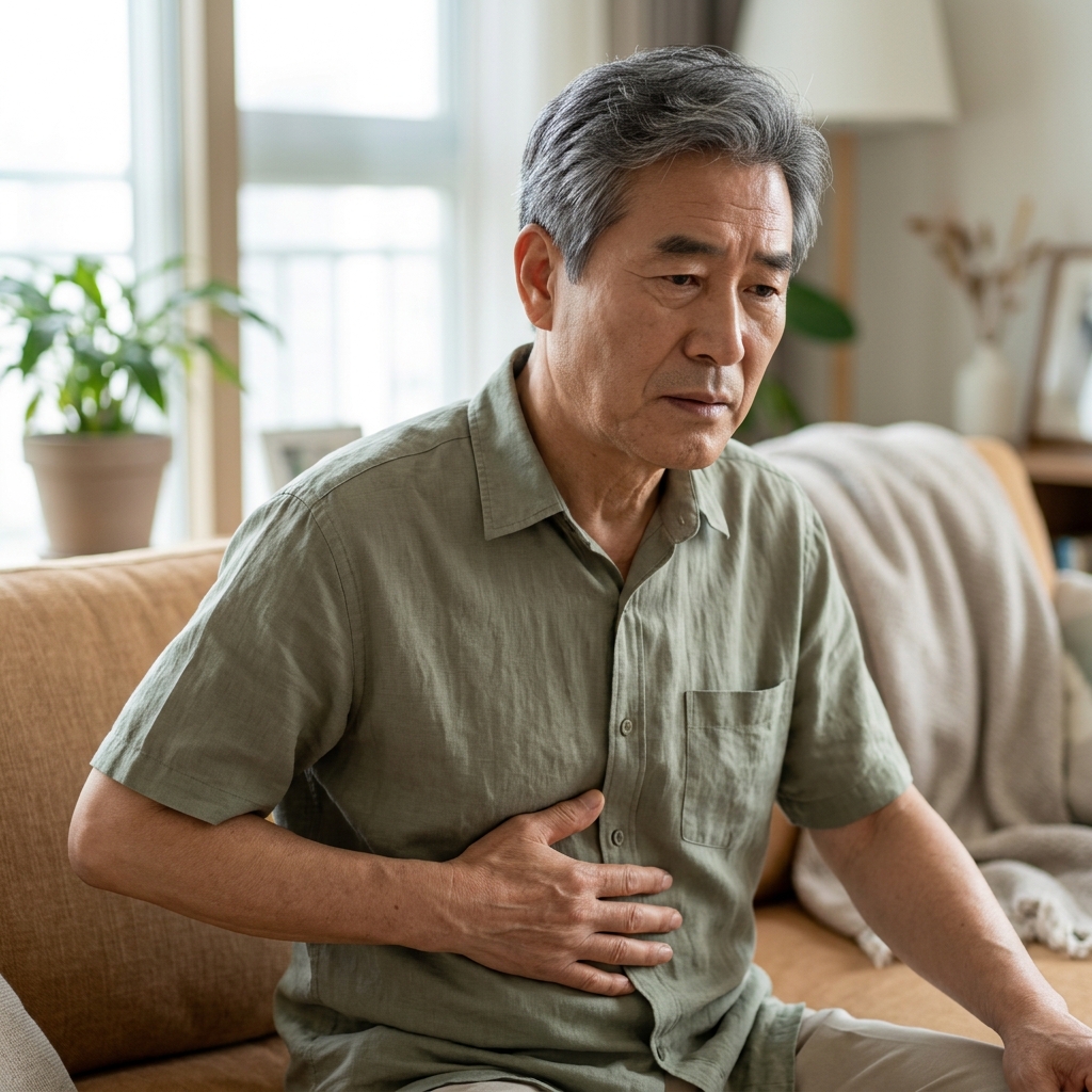 60대 후반 남성이 집 거실 소파에 앉아 복부 오른쪽 윗배를 손으로 가볍게 누르며 불편한 표정을 짓고 있는 장면, 얇은 반팔 셔츠
