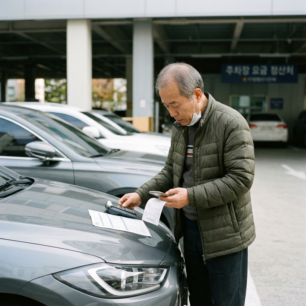 60대 남성이 주차장에서 차량 앞에 서서 서류를 들고 계산하는 모습