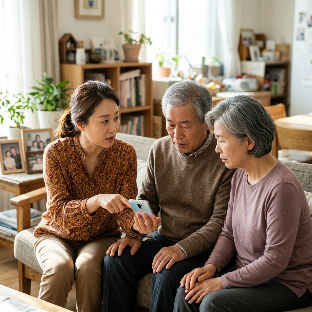 45세 여성이 부모님과 함께 앉아 휴대전화 화면을 가리키며 설명하는 모습, 긴팔 블라우스 차림, 밝은 거실 배경