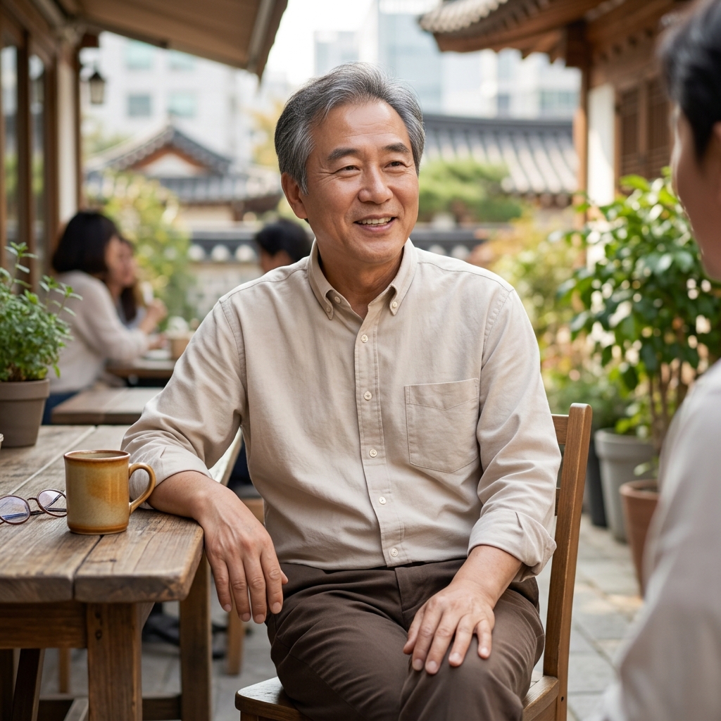 60대 중반 남성이 밝은 베이지색 셔츠를 입고 편안한 미소를 짓고 있는 모습