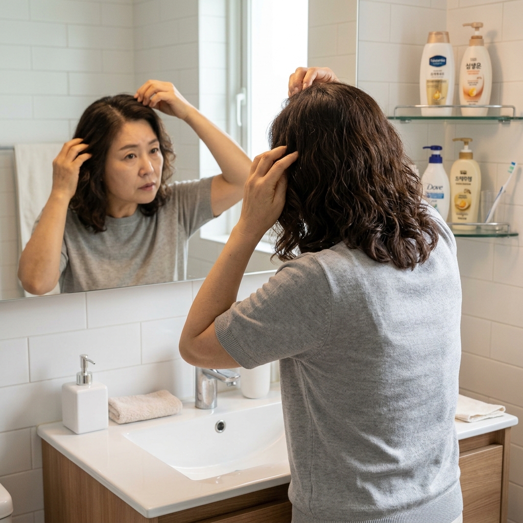 50대 중반 여성이 거울 앞에서 두피 각질을 확인하며 손으로 머리카락을 살피는 모습, 실내 조명 아래 세면대 앞