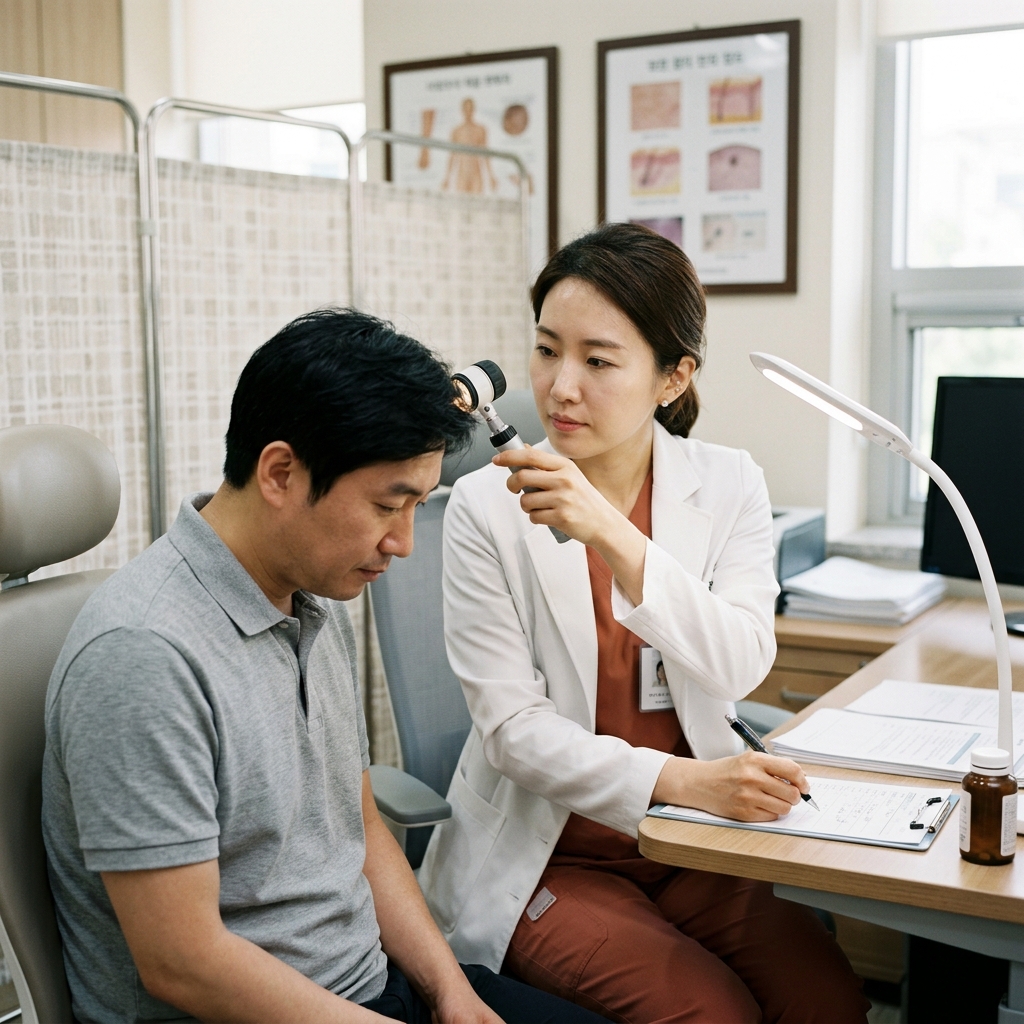 의사가 환자의 두피를 확대경으로 관찰하며 진료 기록을 작성하는 모습, 진료실 책상 위 조명