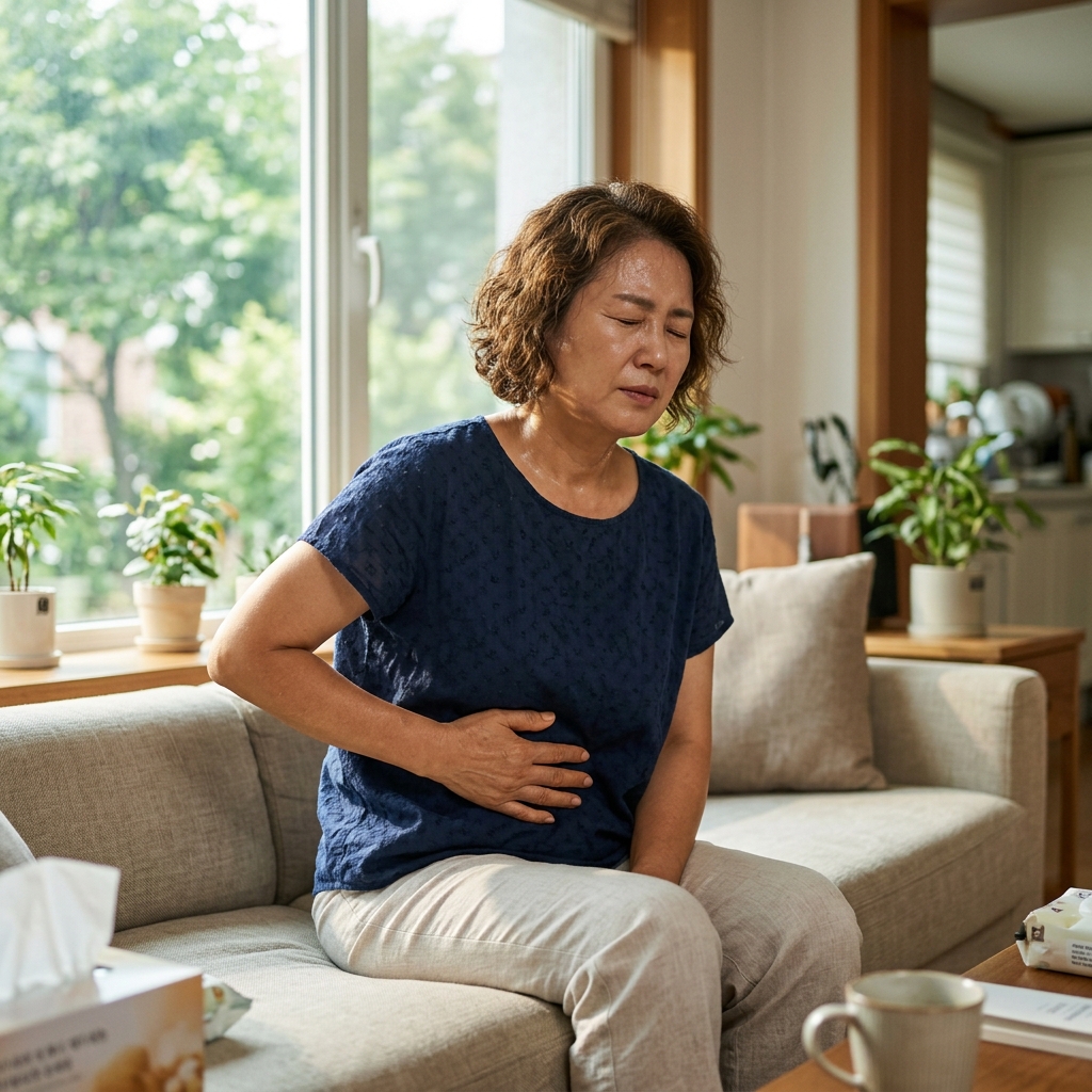 50대 여성이 오른쪽 윗배를 손으로 감싸고 소파에 앉아 통증을 참고 있는 모습, 얼굴에 땀이 맺혀 있고 창밖으로 여름 햇살이 들어오는 거실 배경