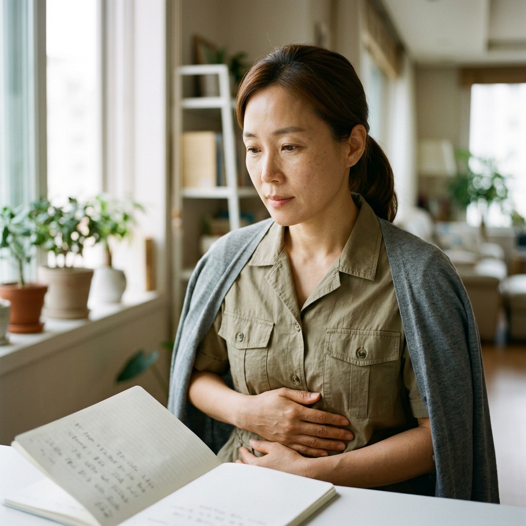 30대 여성이 다이어트 기록지를 보며 오른쪽 윗배를 감싸고 있는 모습, 실내 창가, 긴소매 가디건