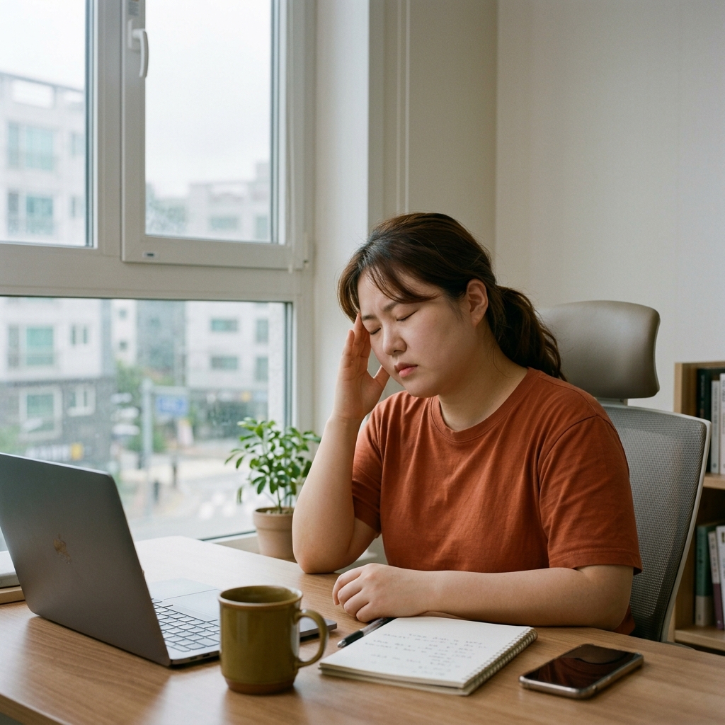 책상 앞에 앉아 한쪽 관자놀이를 손으로 누르며 눈을 감고 있는 20대 여성, 창밖은 흐린 날씨