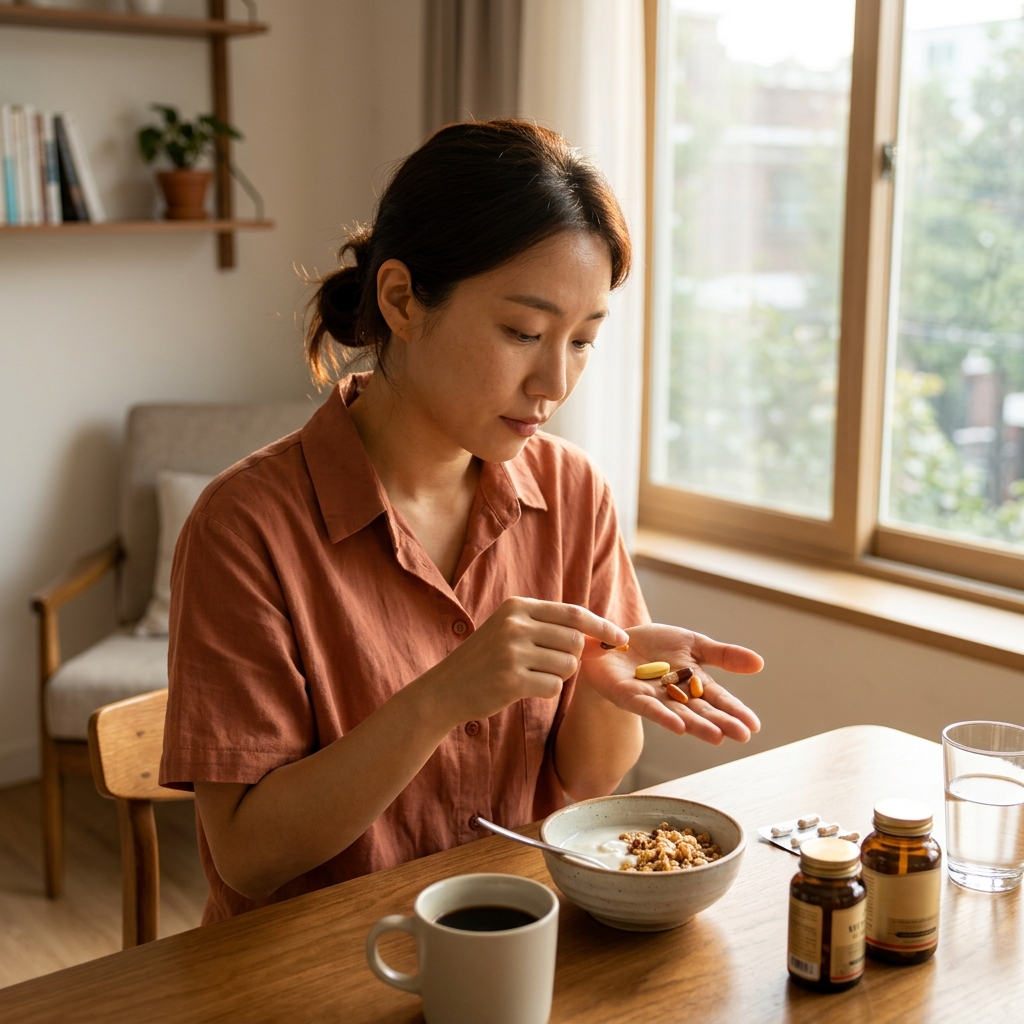 20대 여성이 아침 식탁에서 종합비타민 한 알과 개별 영양제 여러 개를 손에 들고 비교하는 장면, 창밖으로 아침 햇살이 들어오는 실내