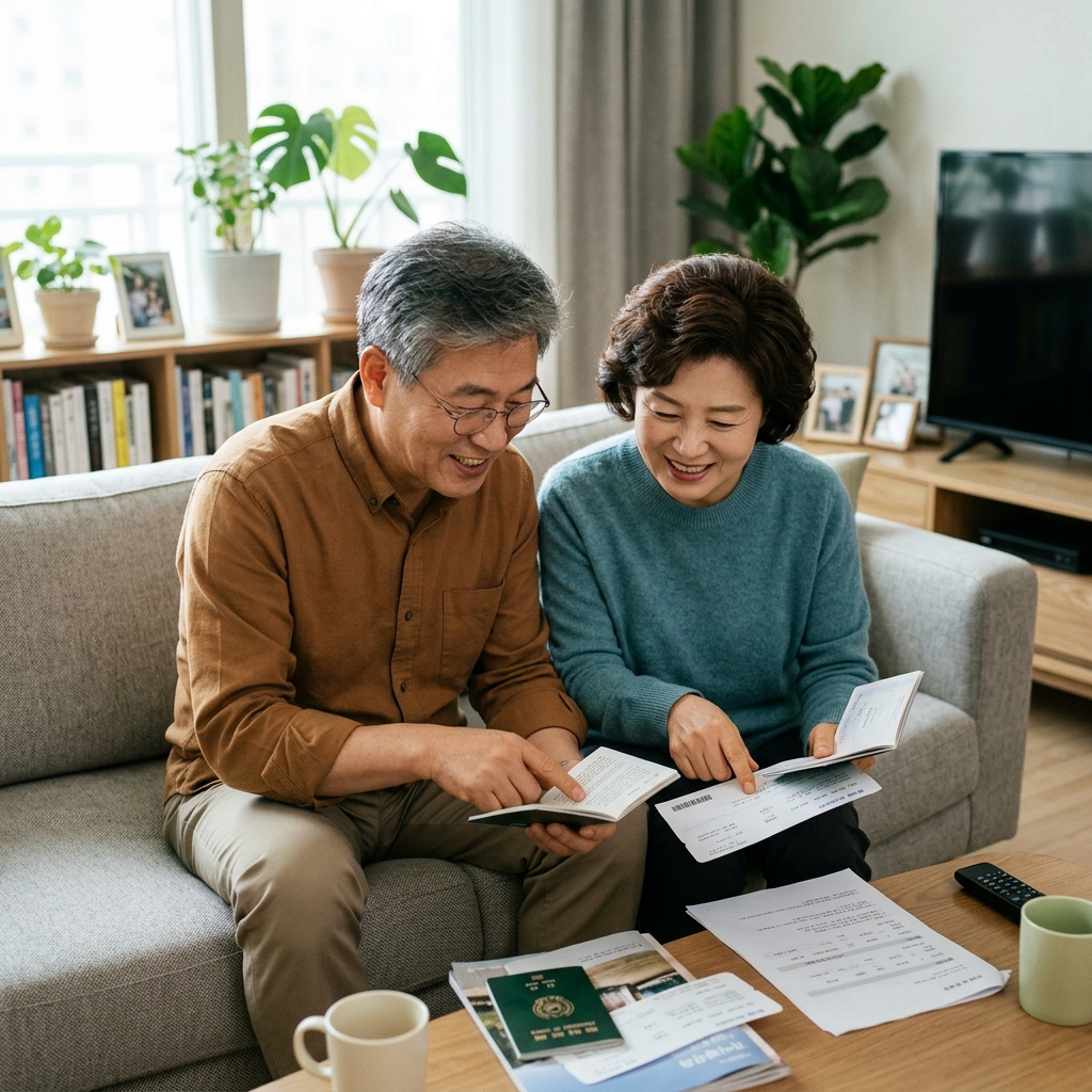 60대 부부가 거실 소파에 앉아 여권과 항공권 서류를 펼쳐놓고 함께 확인하는 모습
