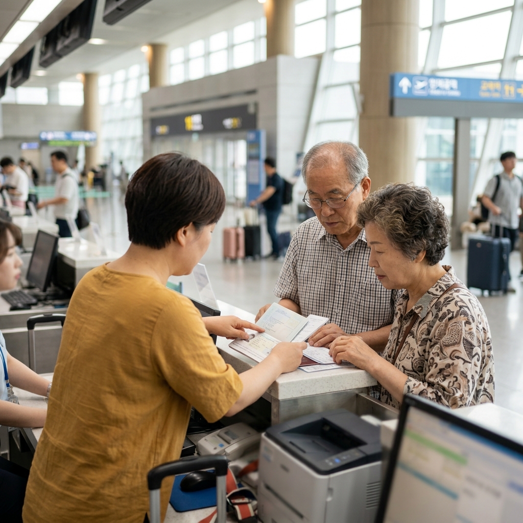 70대 부모와 성인 자녀가 공항 체크인 카운터 앞에서 여권과 서류를 함께 확인하는 모습, 밝은 실내 조명